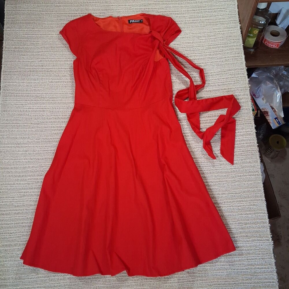 PUKAVT Red Dress Medium Cap Sleeve Fit Flare A Line With Tie Belt Cocktail...